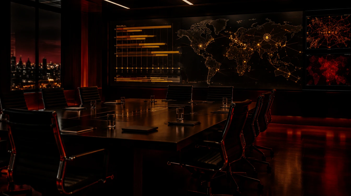 Dark crisis room with empty chairs and a wall display of abstract timeline bars