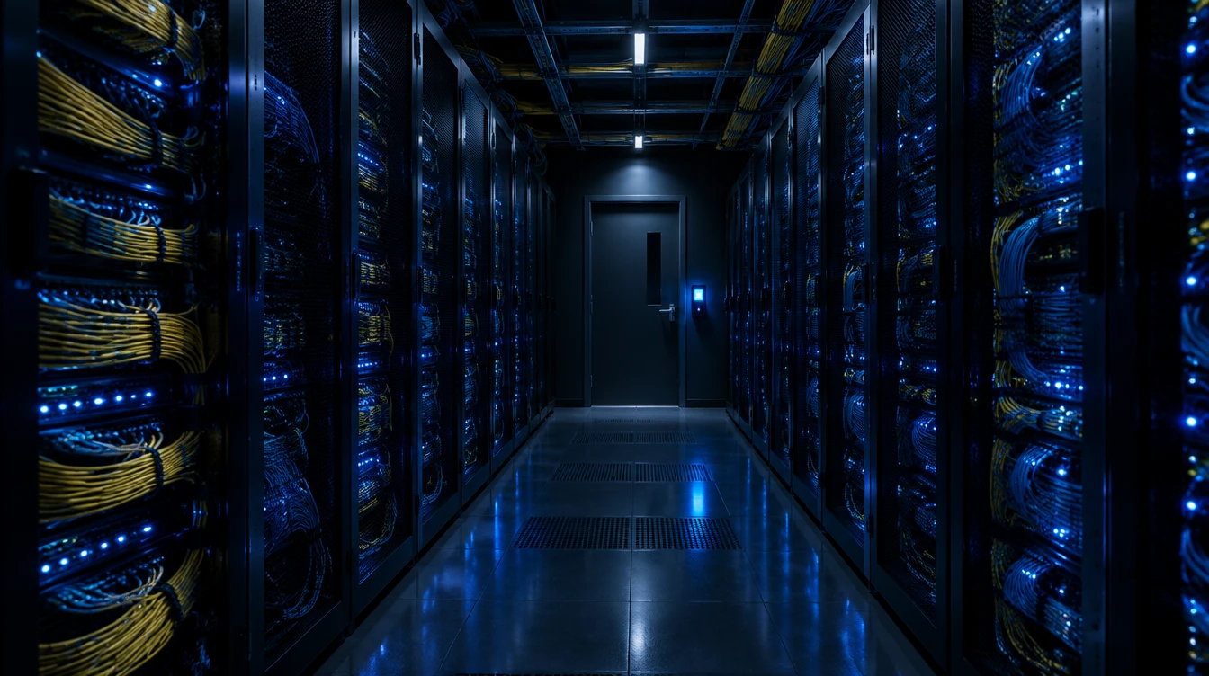 Telecom server aisle with a restricted-access door and glowing card reader