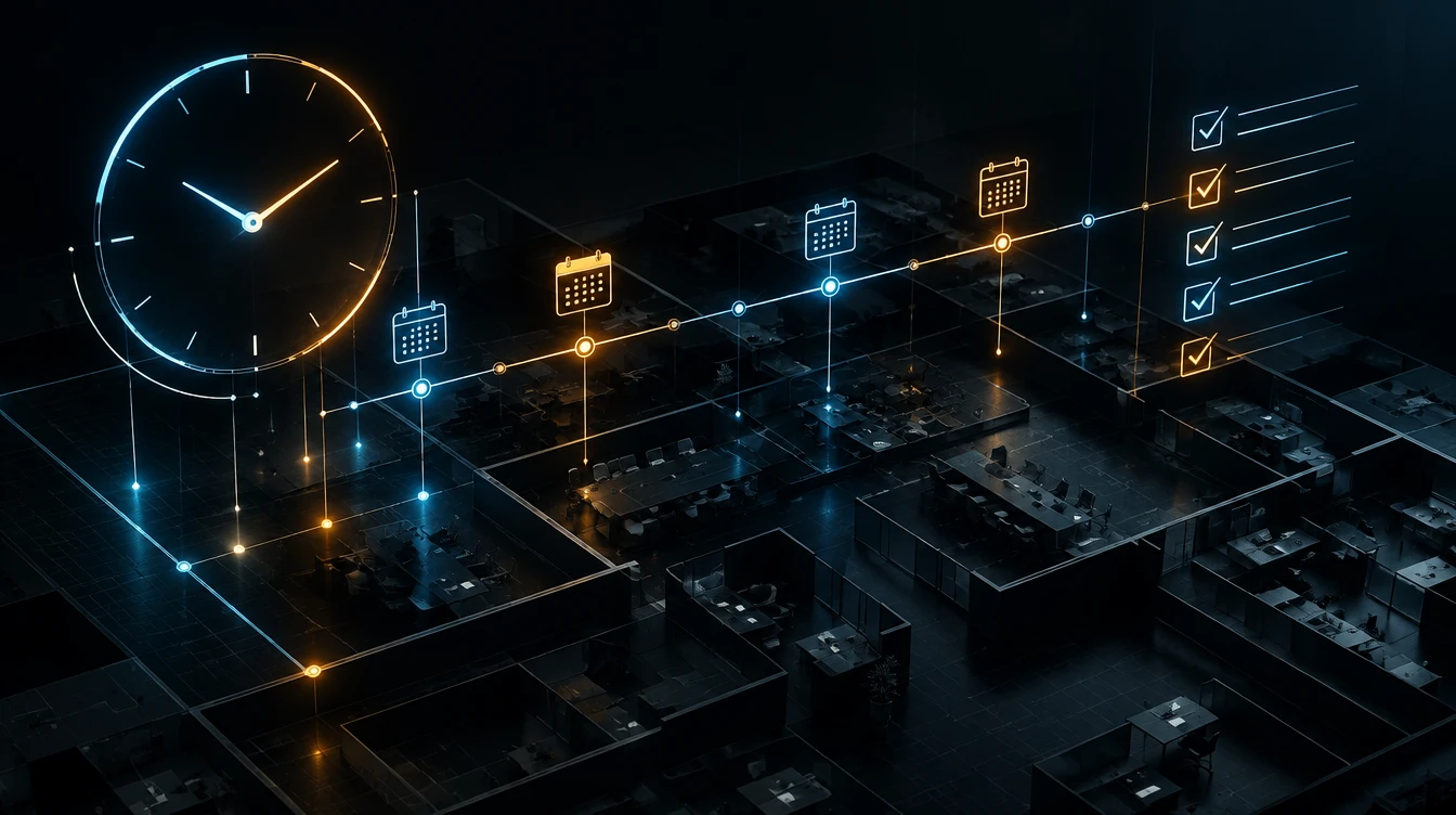 Abstract compliance timeline and checklist rendered as glowing lines over a dark floor plan