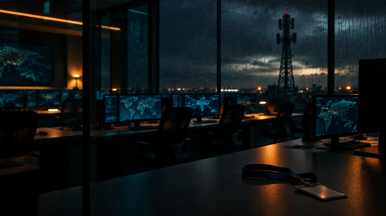 Empty telecom network operations centre at night with a cell tower beyond rain-streaked windows and an access badge on a desk