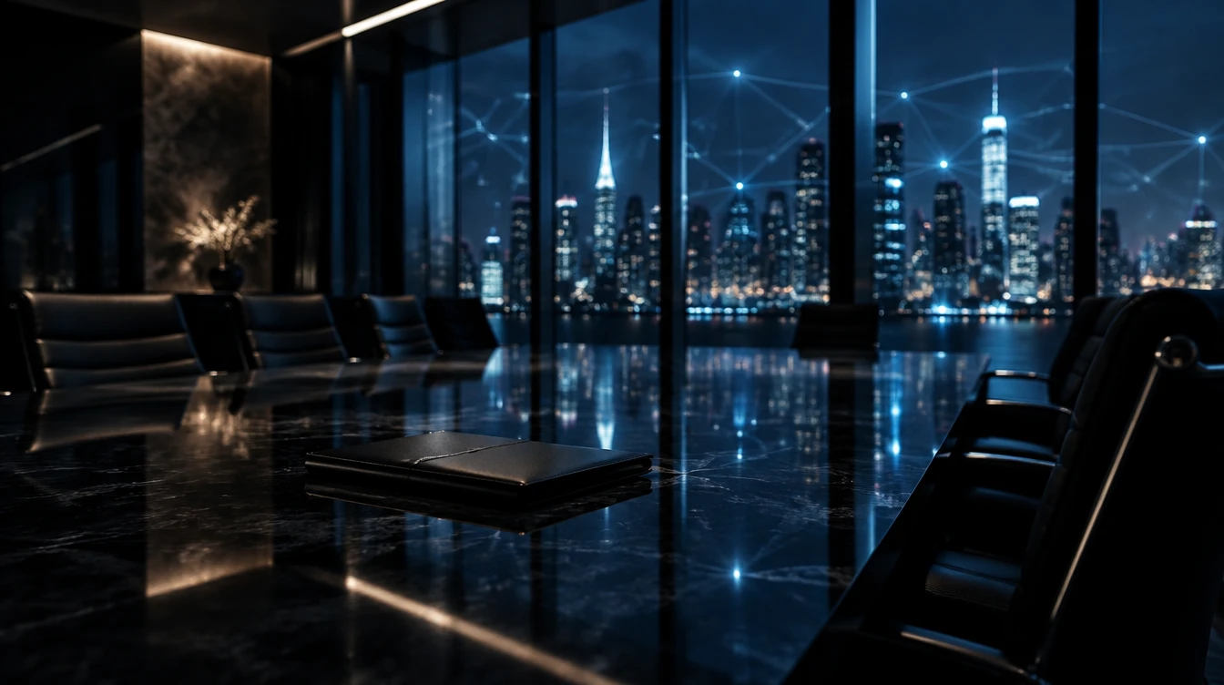 Empty executive boardroom at night overlooking a city skyline with faint network lines