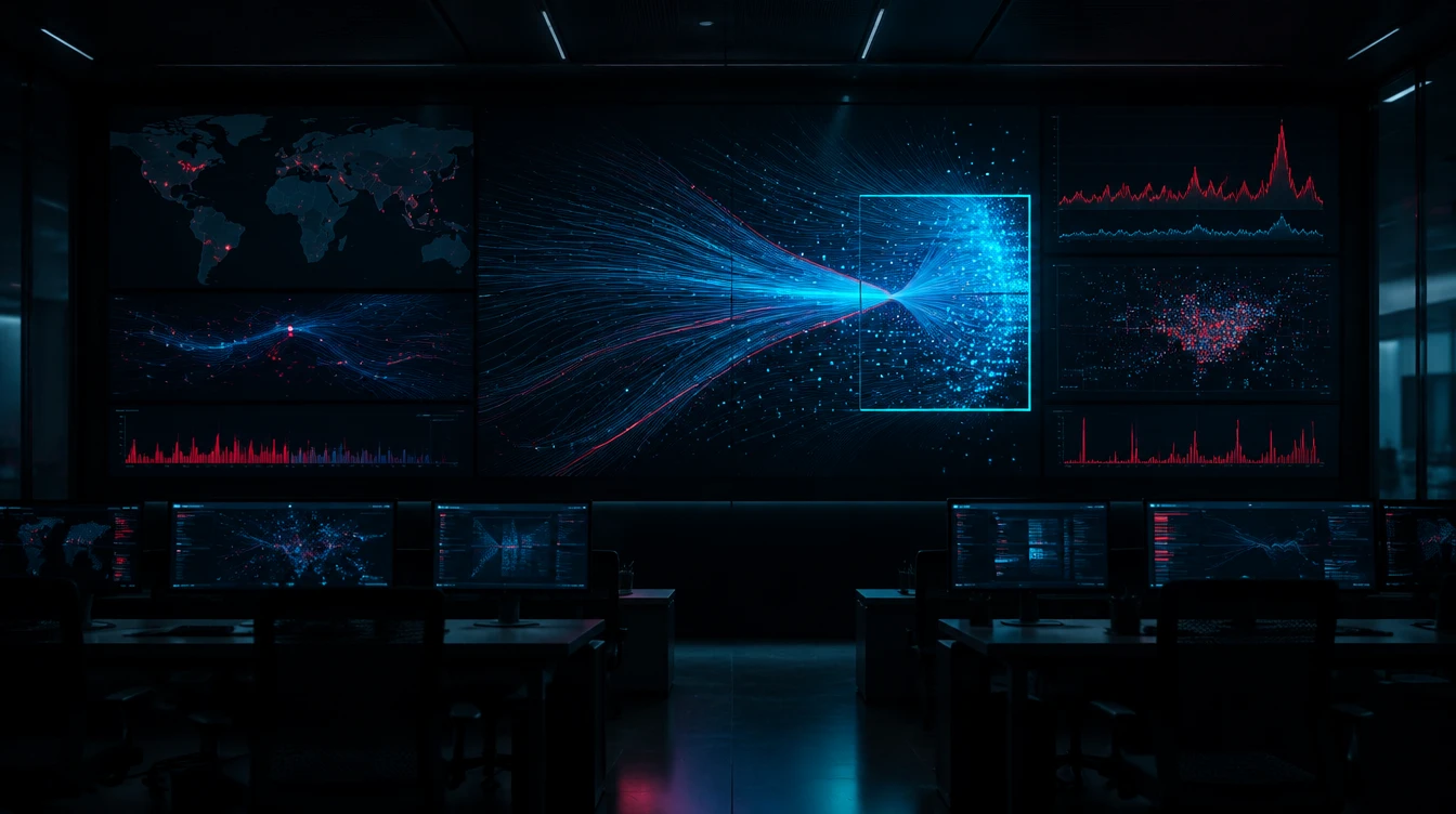 Dark security operations wall of screens showing abstract data streams