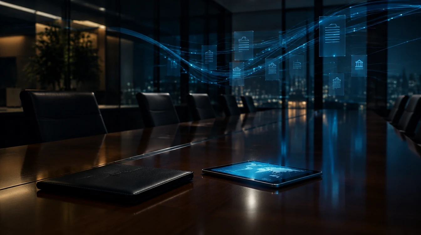 Boardroom table with a closed folder and a glowing tablet, symbolising board-level cyber oversight