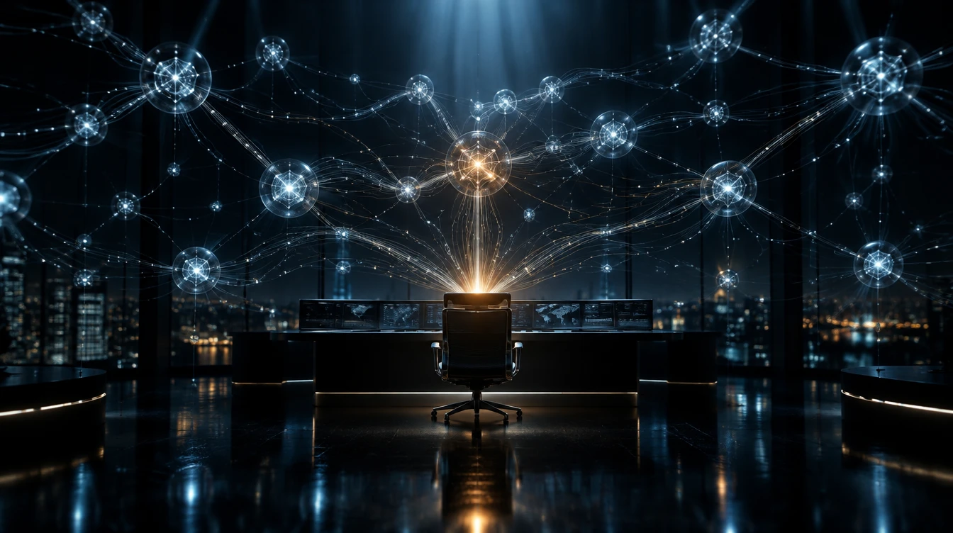 Abstract security operations room at night with a glowing network of interconnected nodes converging on an empty console chair