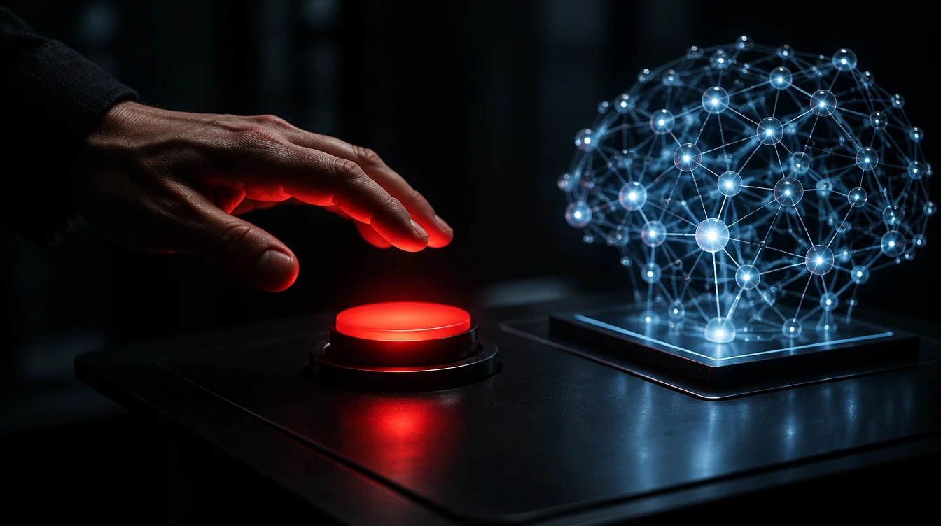 A hand hovering over a red approval button beside a glowing AI neural lattice, symbolising human oversight
