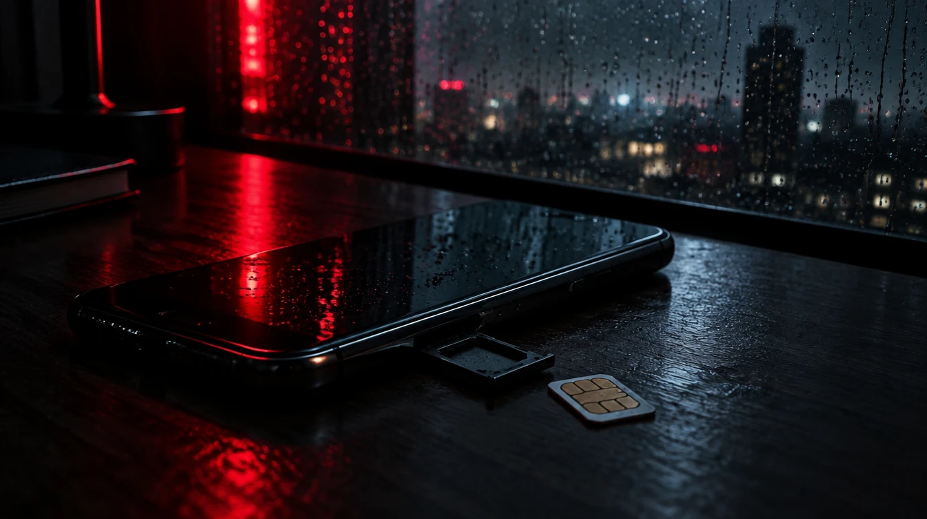 Smartphone on a dark desk with its SIM tray open, rain on the window behind