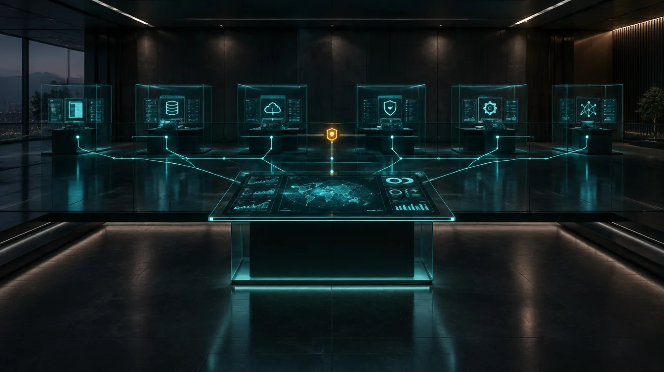 Abstract AI operations console with separated connections and an approval indicator