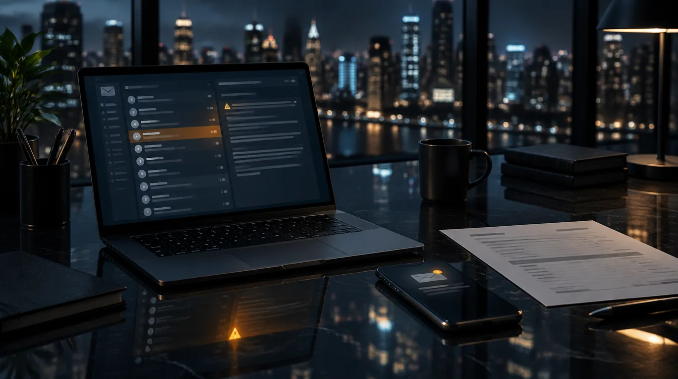 Laptop, phone and payment documents on a dimly lit executive desk