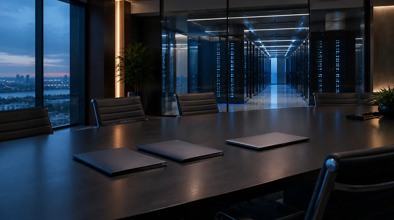 Empty boardroom with document folders and a data centre visible through glass