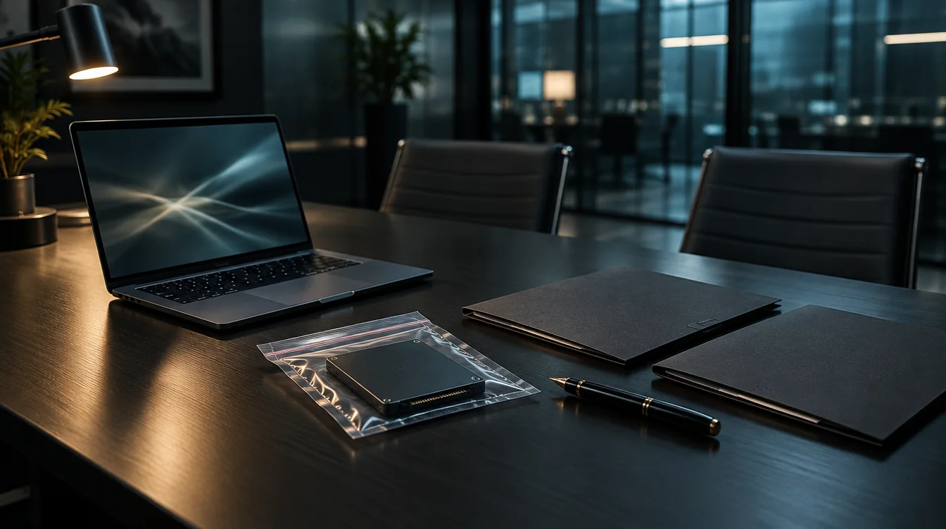 A private consultation table with a laptop, document folders and a sealed storage device