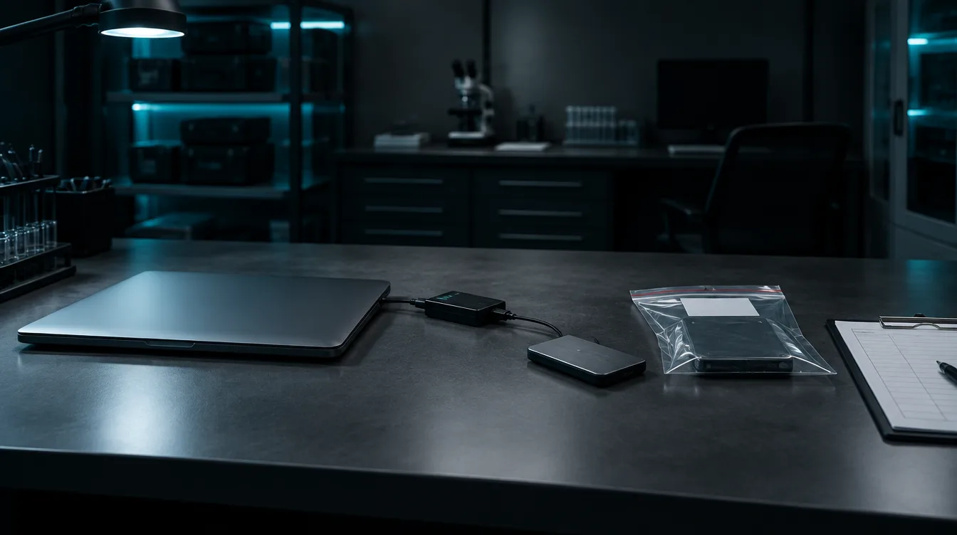 Forensic workstation with a laptop, storage device and sealed evidence bag