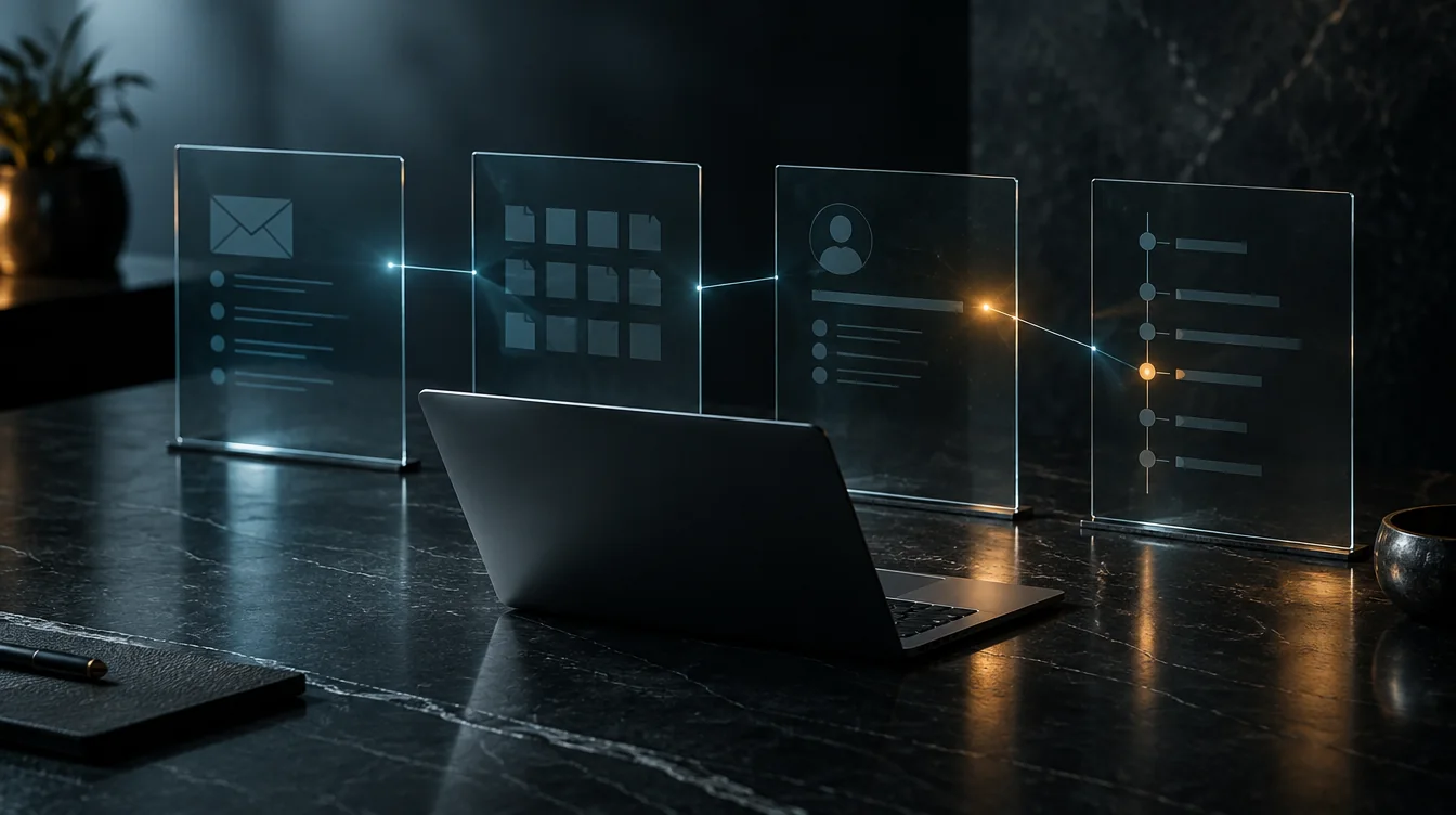 A laptop and translucent panels representing email, files and account activity
