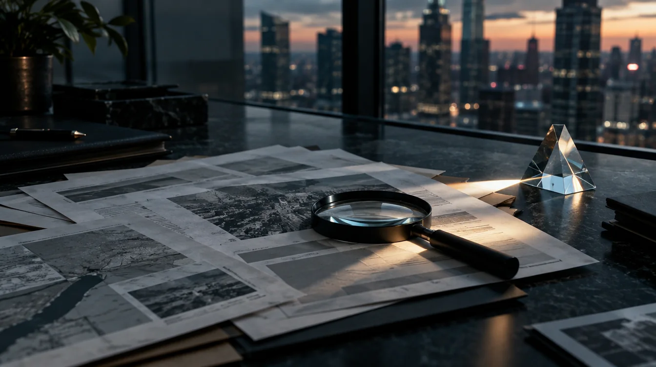 Public-record-style documents, a magnifying glass and a glass prism by an office window