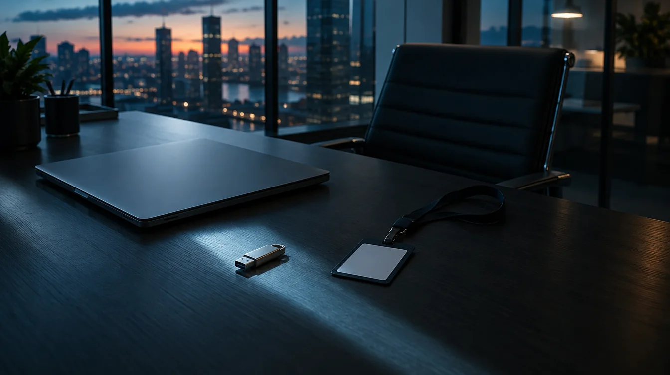 An empty office desk with a closed laptop, USB drive and blank access badge
